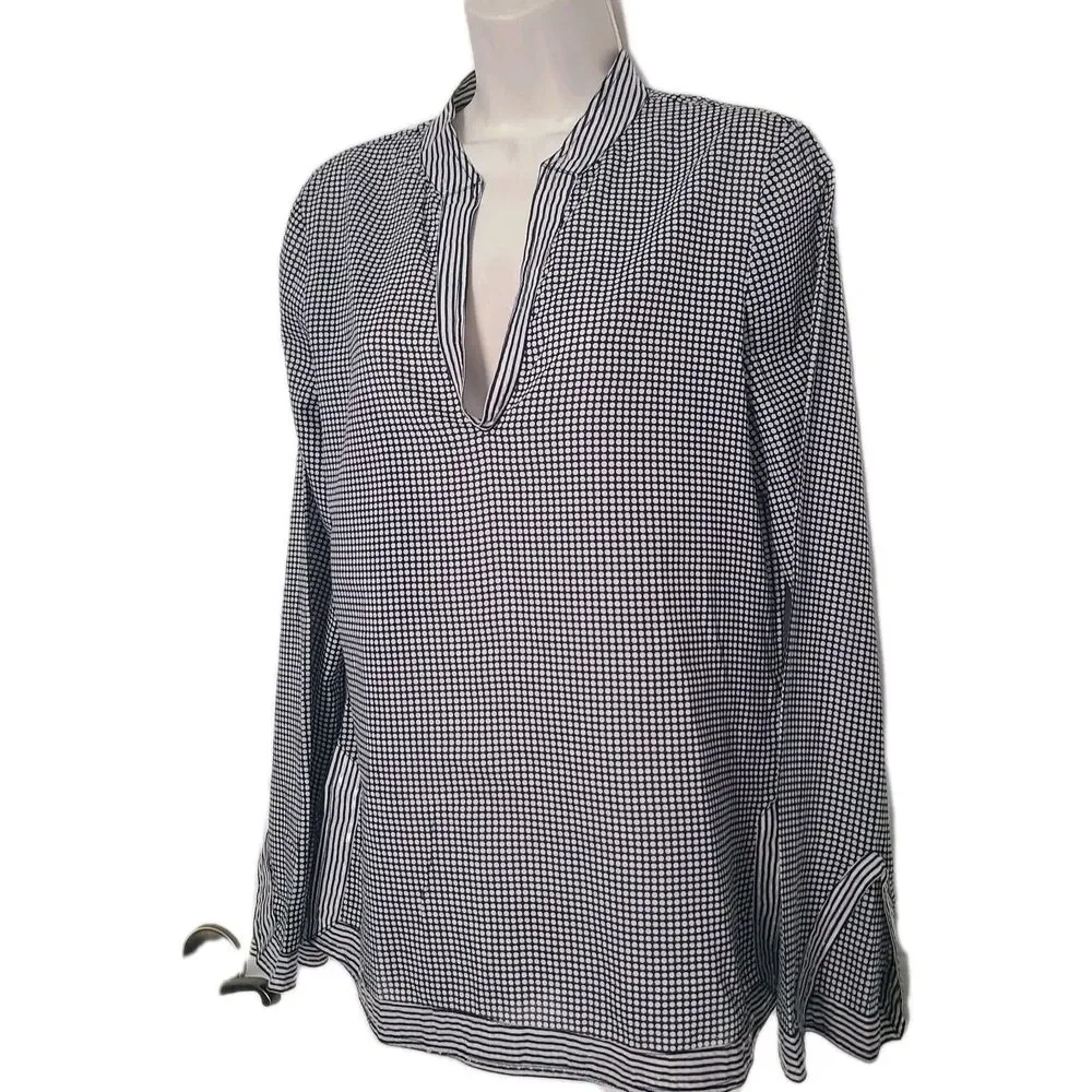 Tory Burch Top Tunic Navy White Sequin Split Neck Polka Dot Long Sleeve Size 8